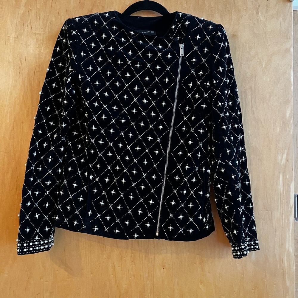 Zara Woman Midnight Velvet Jacket with pearls